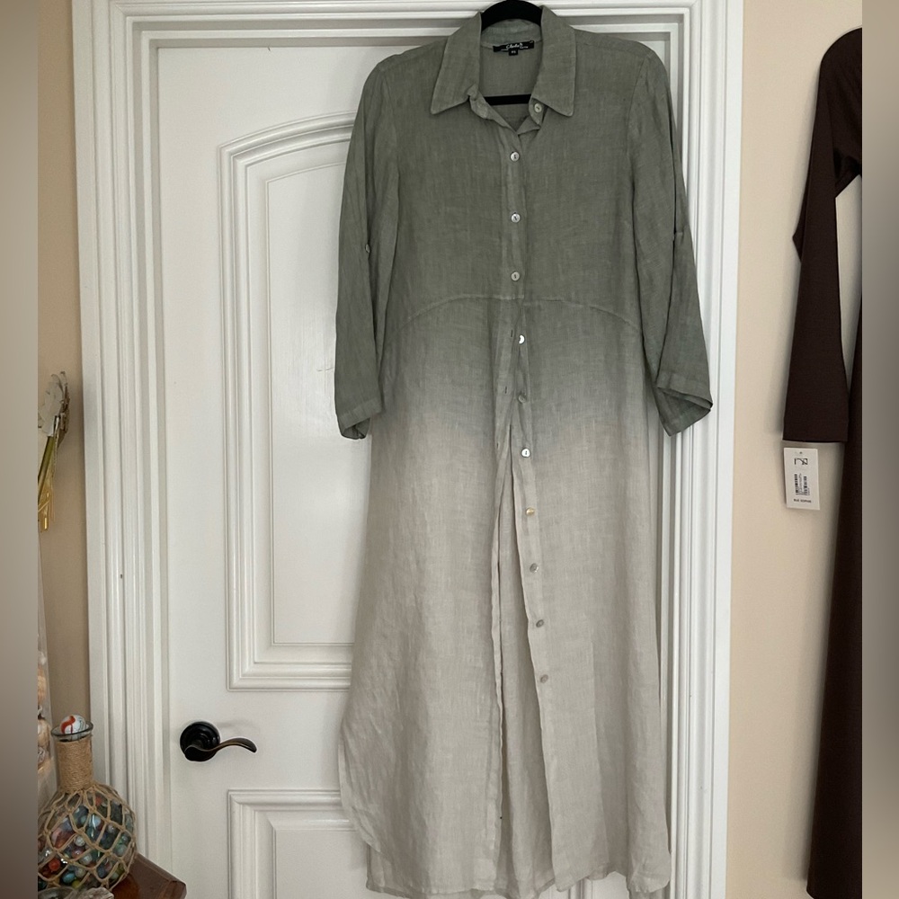 CHARLIE B Green and Cream Long Sleeve Dress